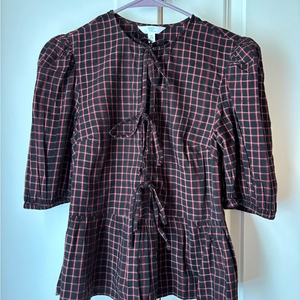 Time and Tru Black and Red Checkered Blouse